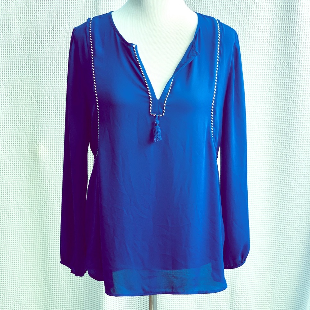 J Crew Semi-Sheer Royal Blue Tassel Blouse, Sz 6